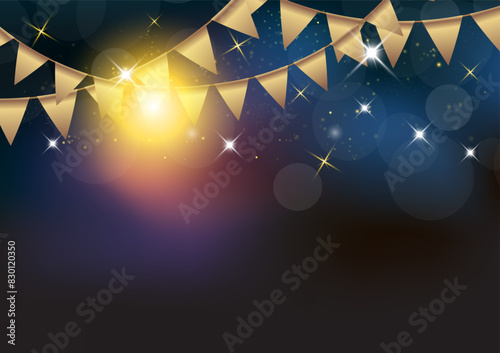 Party decoration with string of golden bunting flags and glowing bokeh festive light with stars on dark blue background. Vector illustration Christmas and New Year holidays celebration banner.