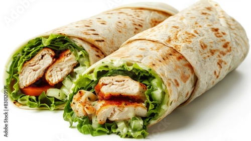 Chicken Caesar wrap sliced open, close up, detailed texture, realistic, Silhouette, white background backdrop