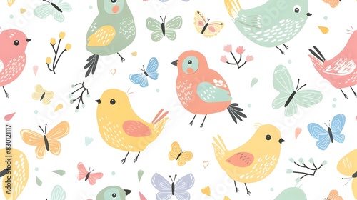 Whimsical Aviary Pattern with Colorful Chirping Birds and Butterflies