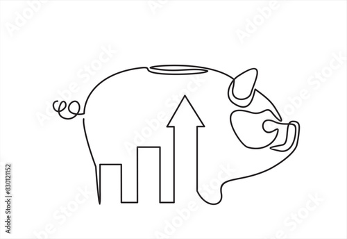 Piggy bank with coins and graph continuous one line drawing. Saving money concept. Investment symbol. Vector hand drawn illustration isolated on white.