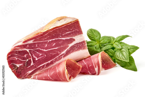 Dry Spanish ham, Jamon Serrano, Iberian ham Isolated on white background photo