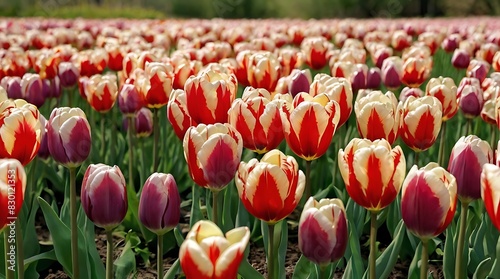 field of red  yellow  and purple tulips  with green stems and leaves.