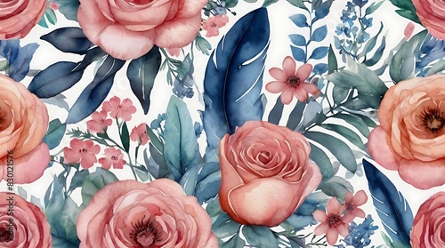 repeating pattern of pink and coral roses with blue and green leaves on a white background. photo