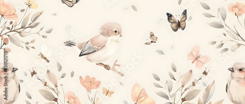 Delicate Floral Avian Backdrop with Butterflies and Blossoms