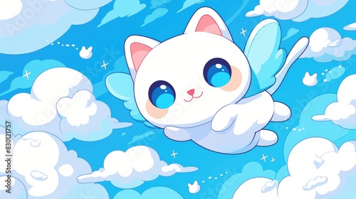 A charming 2d illustration features an adorable cartoon doodle of a kawaii kitty soaring through fluffy clouds Perfect for coloring books drawing pages shirt screen printing printable cloth