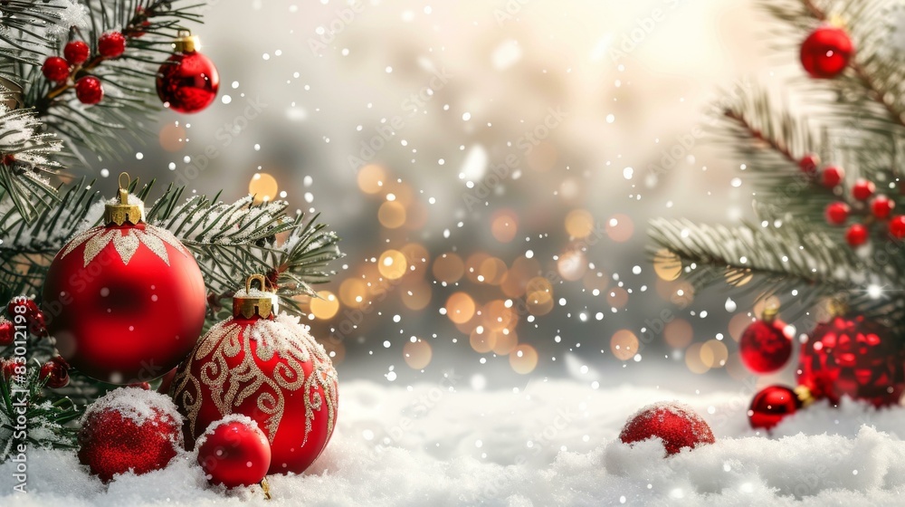 Red Christmas balls and snowy ground