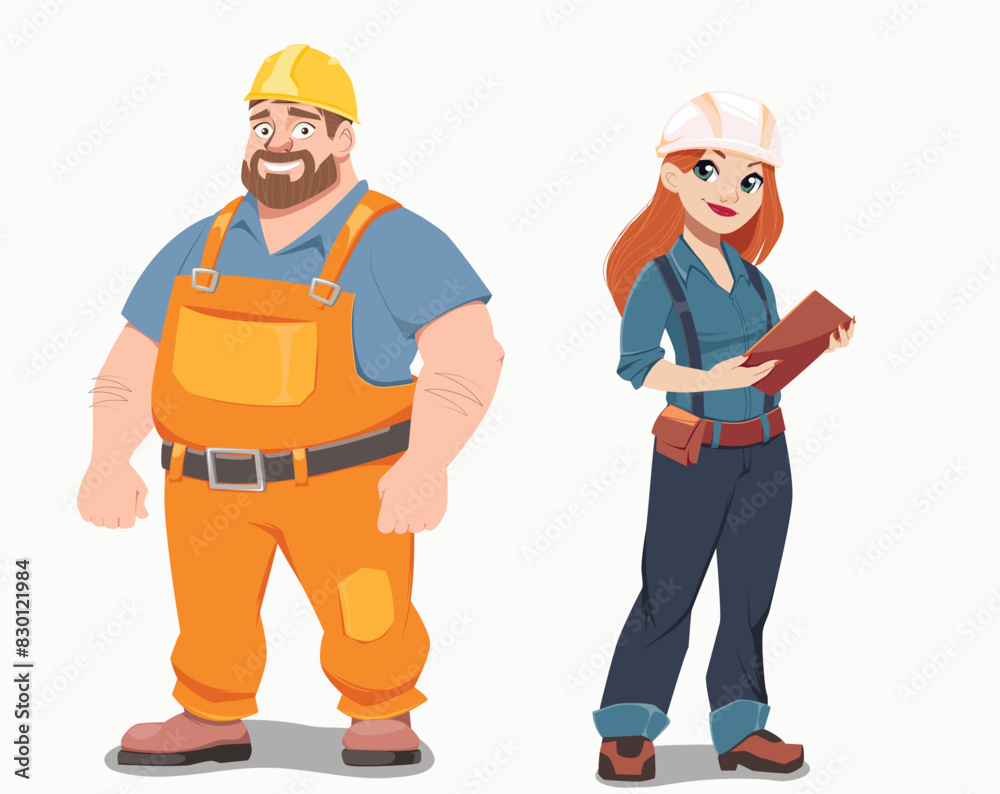 Vector image: bright set of builder and engineer characters in overalls for construction projects. These characters are ideal for projects related to construction, architecture and engineering Vector image: bright set of builder and engineer characters in overalls for construction projects. These characters are ideal for projects related to construction, architecture and engineering