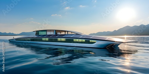 Eco-Friendly Solar-Powered Catamaran. Concept Solar-Powered Boating, Eco-Friendly Yachting, Sustainable Water Transit, Green Catamaran Excursions photo