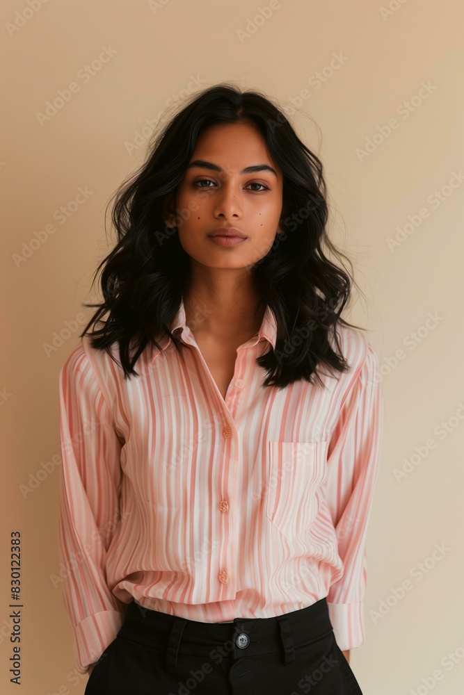 Obraz premium South Asian woman with wavy, shoulder-length black hair, wearing a pink and white striped button-up shirt and black trousers, beige background
