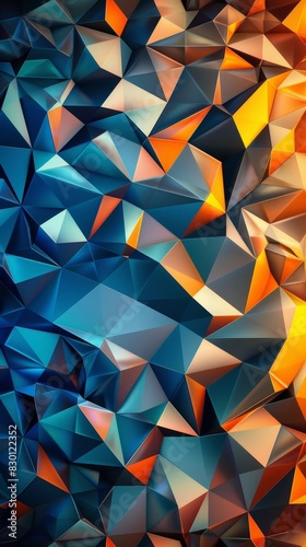 A colorful abstract design with blue, orange and yellow triangles