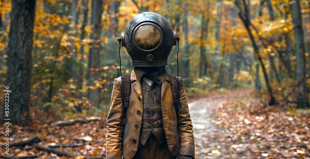 Young Steampunk Diver in Autumn Forest Young Steampunk Diver in Autumn Forest
