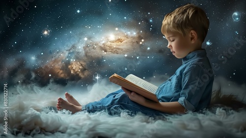 A young boy in pajamas reads an open book on the bed, sitting crosslegged and looking at it with great interest. The background is a dark starry sky, galaxies and stars can be seen in its depth photo
