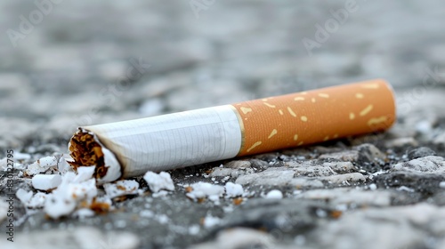 Closeup of a cigarette with a white filter laying on the asphalt. The cigarette has a white filter and is laying on asphalt.