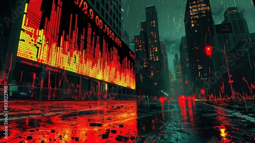 A stock market graph on the side of an abandoned city, glowing red and orange in rainy weather, with skyscrapers towering over it