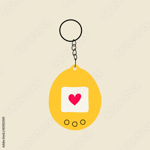 Vintage game device tamagotchi flat line style illustration. Hand drawn graphic old toy technology element.