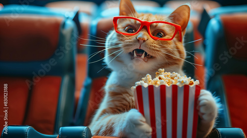 A cat wearing red glasses and holding a popcorn bucket. The cat is sitting in a movie theater. cute orange cat in a movie theater holding popcorn and soda, wearing 3d glasses, very happy