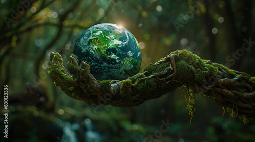 A moss and root hand holds a glowing green earth globe, set in a forest. Hyper-realistic and cinematic lighting enhance the dark green tones, evoking a fantasy feel.