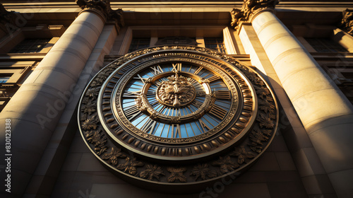 The image is of an ornate gold-colored clock mounted on a stone building.

 photo