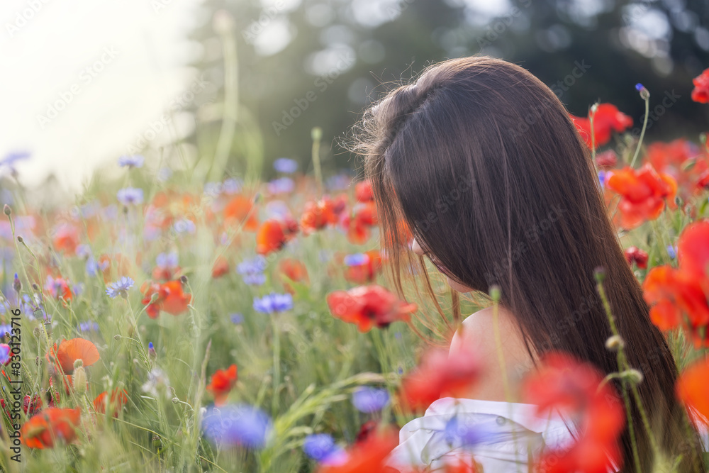 Naklejka premium Side view portrait of long hair brunette girl posing in red poppies field.. Horizontally. 