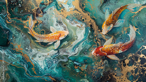 Abstract fluid expression koi fish swimming in water, Asian feng shui illustration, Aesthetics colorful nature inspirational tenderness illustration, oil paint, Wall decoration photo, Generated AI.