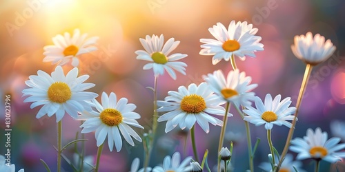 Macro shot of daisies showcasing delicate petals and blurred background. Concept Macro Photography, Floral Subjects, Delicate Petals, Blurred Backgrounds, Nature Close-ups