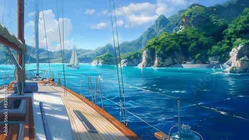 Sailboat on the blue sea, relax while sunbathing on the deck, and enjoy stunning views of tropical islands from the attraction. seamless looping time lapse animation video background photo