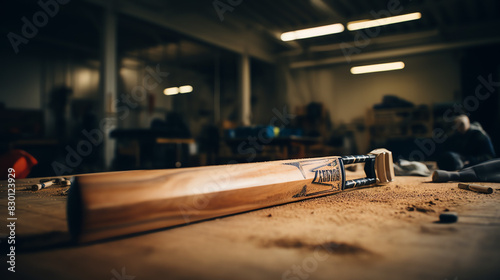 A wooden clamp is holding a piece of wood on a table covered in sawdust. In the background, a person is working in a dimly lit workshop. photo