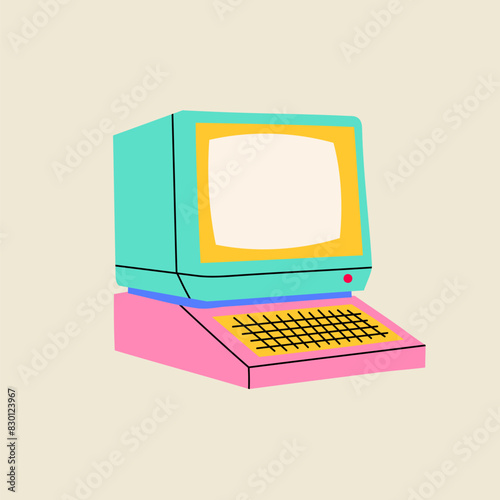 Vintage computer illustration in flat line style. Hand drawn graphic old technology element.