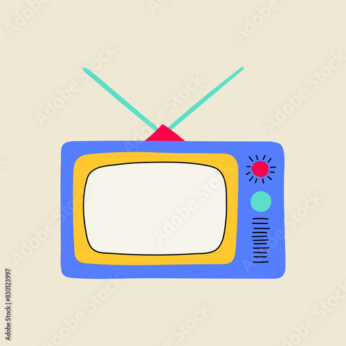 Vintage television or TV illustration, flat line style. Hand drawn graphic old technology element.