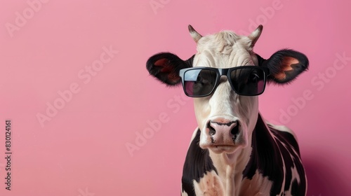 Funny cow with sunglasses in front of pink studio background, concept of Humor and Quirkiness, created with Generative AI technology © Johannes