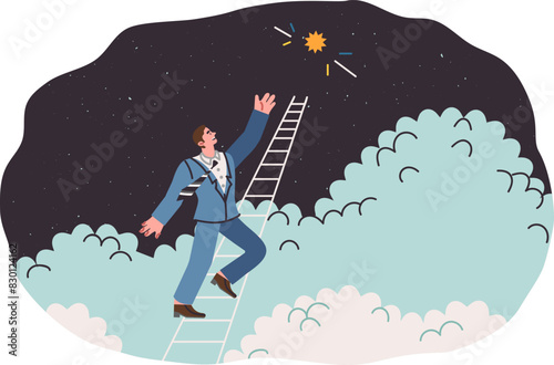 Chasing dream of business man climbing career ladder to get bright star from sky