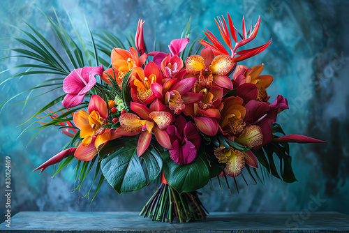 A stunning bouquet of tropical flowers including orchids, anthuriums, and birds of paradise