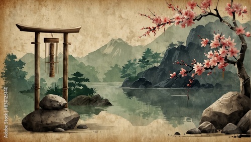 Japanese zen garden composition with sakura blossom. zen rock sculpture and bamboo wind chime on vintage background. Translation of hieroglyphs - zen, freedom, nature. Watercolor illustration photo