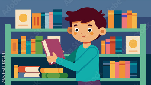 Nearby a boy eagerly scans the shelves for the latest adventure in his favorite book series.. Vector illustration