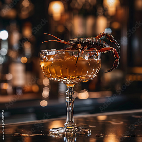 A cocktail garnished with an edible scorpion  in a luxurious bar setting  highlighting the novelty and elegance of the drink  with a dark and sophisticated mood