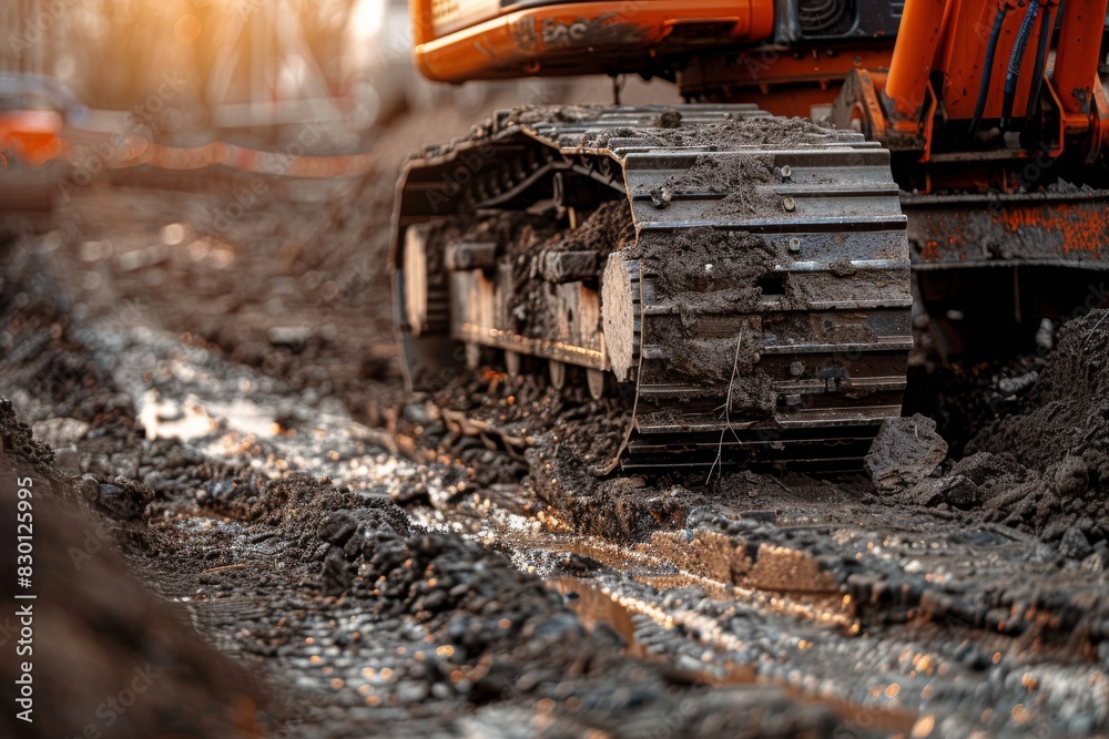 Fototapeta premium A dirty orange construction vehicle with mud on its tracks
