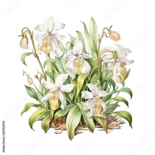 Beautiful watercolor illustration of white orchids in full bloom  showcasing delicate petals and lush green leaves.