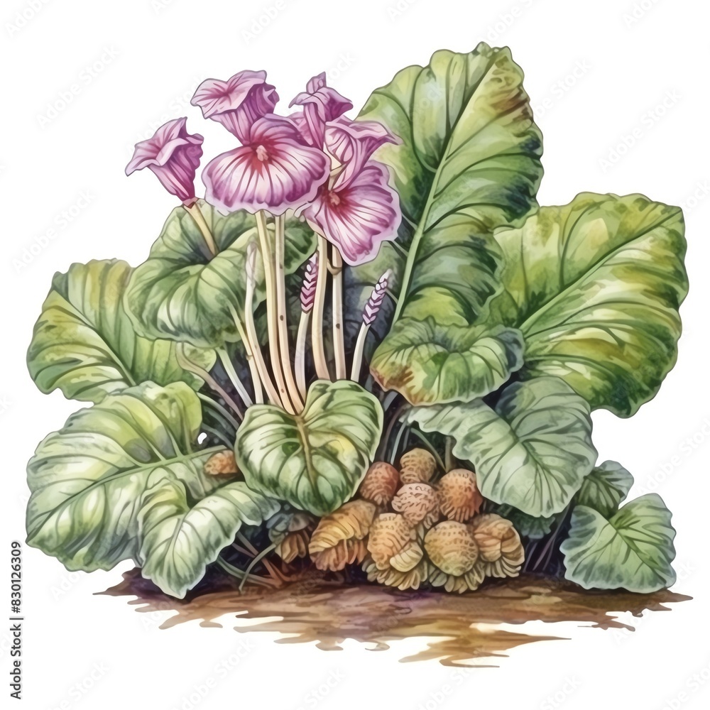 Fototapeta premium Detailed botanical illustration of lush green tropical plant with large leaves and vibrant pink flowers on a white background.