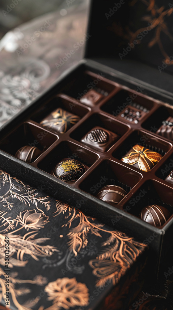 A luxurious chocolate box, with chocolates filled with edible insect larvae, in a boutique confectionery setting, with an elegant and decadent style