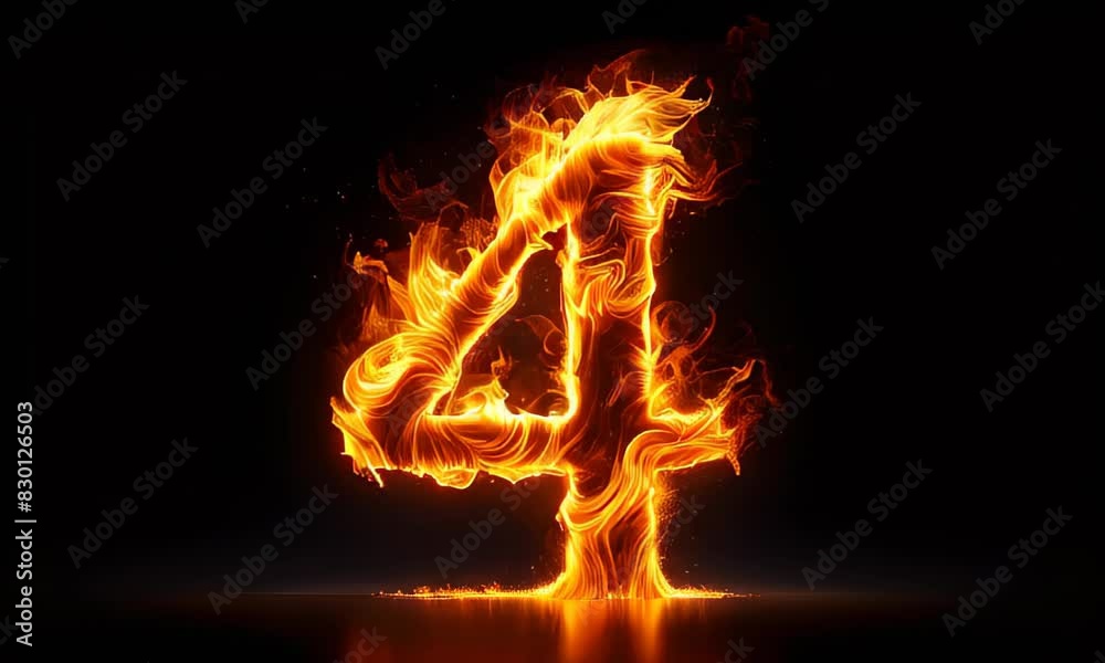 The number 4 four made of fire, glowing with bright orange and yellow flames. The fiery number stands out against a dark background, creating a dramatic and intense visual effect The number 4 four made of fire, glowing with bright orange and yellow flames. The fiery number stands out against a dark background, creating a dramatic and intense visual effect