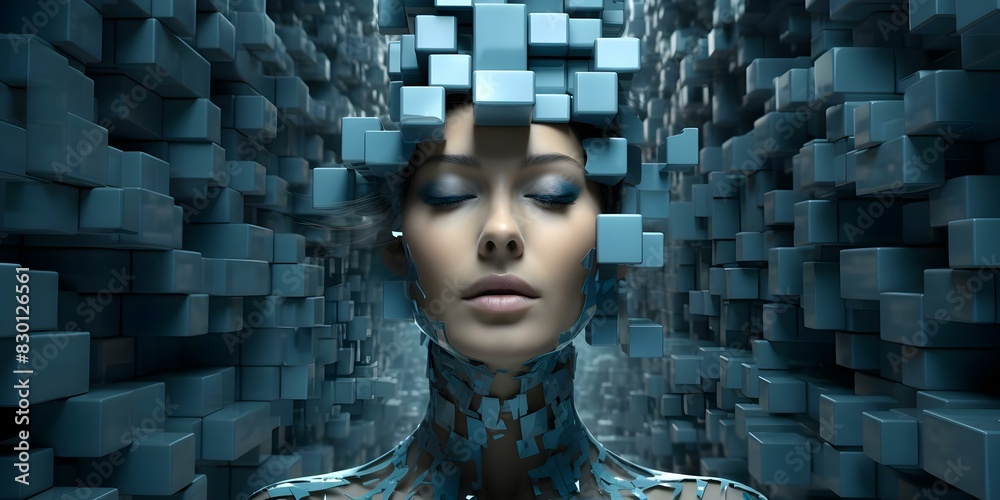 Futuristic digital art 3D human head made of blocks. Concept Digital ...