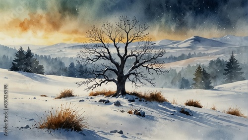 Winter landscape with tree on snow-covered misty hill. Watercolor illustration