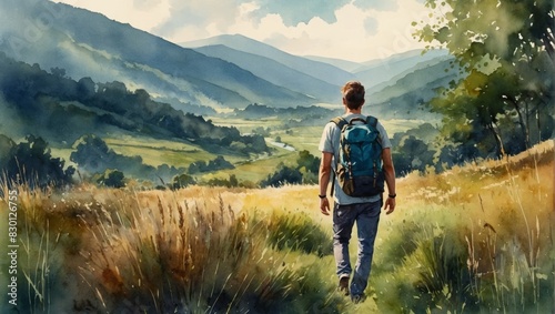 Young man enjoy the summer nature. Bearded man with backpack looking at landscape. Watercolor illustration photo
