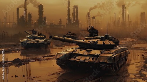 Battle tanks near an oil field, dusk setting, steampunk aesthetic, sepia tones, intricate mechanical details