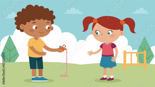 A shy child shyly accepting a friendship bracelet from a new playmate they just met on the playground.. Vector illustration