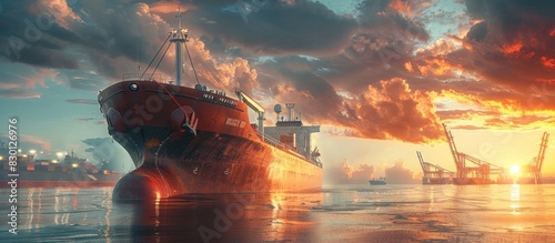 Futuristic Cargo Ship Freight Massive Vessel Loading at HighTech Port with Natural Light photo