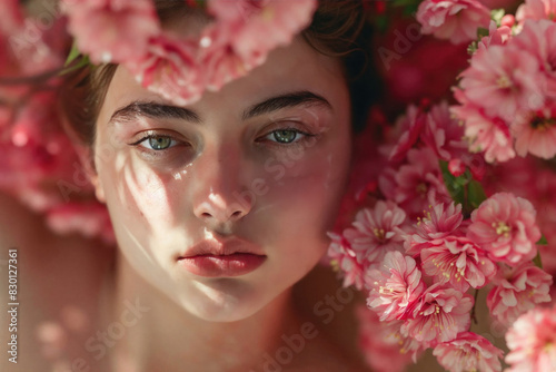 A woman is laying in a bed of pink flowers