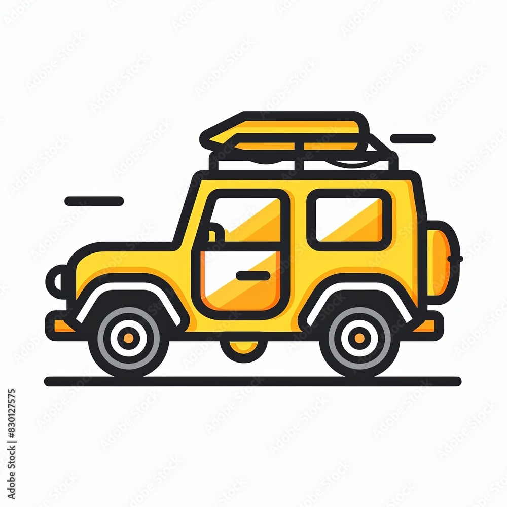 A yellow jeep with a surfboard on top of it A yellow jeep with a surfboard on top of it