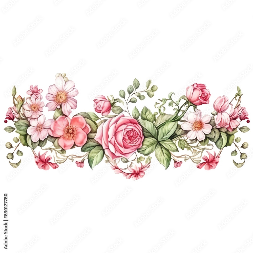 Beautiful watercolor floral border with pink and white flowers and green leaves, perfect for invitations and decorative designs.