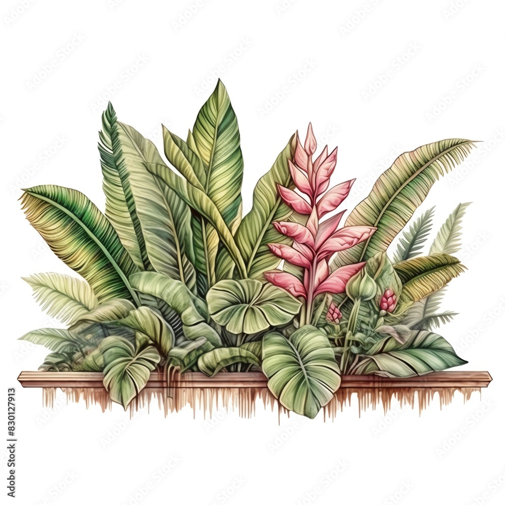 Obraz premium Beautiful watercolor botanical illustration of lush tropical plants with vibrant green leaves and pink flowers in a wooden planter.